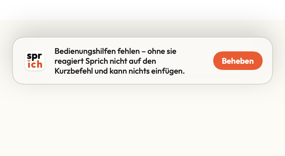 Popup von Sprich mit derselben Meldung und dem Knopf „Beheben“.